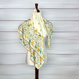 Vintage Ray Strauss Silk Scarf Ivory Floral Green Yellow Tan 35x35” Japan